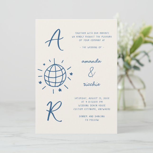 Invitation Disco Monogramme Français Fun Retro Mariage tiré à (Debout devant)