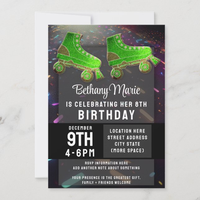 Invitation Disco Rollerskate Birthday Parties scintillant Rol (Devant)