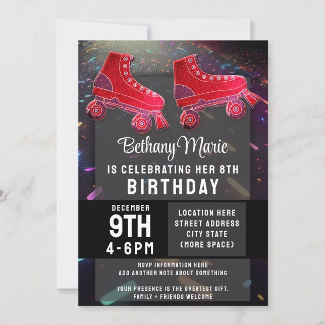 Invitation Disco Rollerskate Birthday Parties scintillant Rol (Devant)