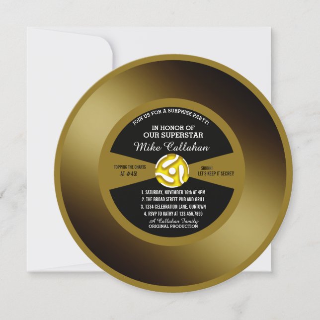 Invitation Disque Vinyle 45 Tournée Surprise Party (Devant)