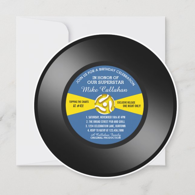 Invitation Disque vinyle 45 tours Blue Label pour fête d'anni (Devant)