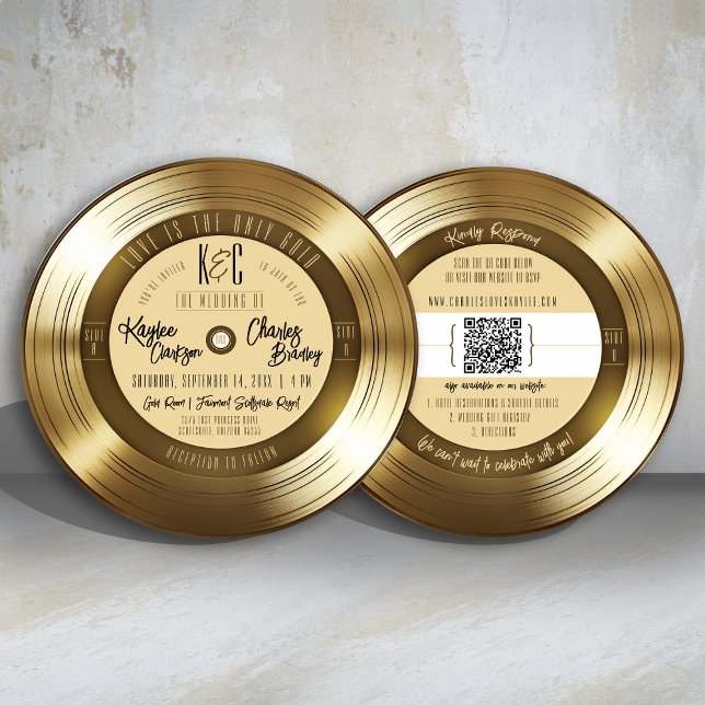 Invitation Disque vinyle en or massif Monogramme Musique Mari (Fun & Unique gold 45 vinyl record hit single song double-sided music theme round wedding invitation)