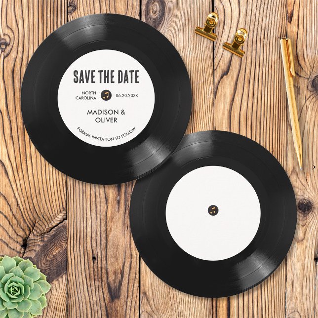 Invitation Disque vinyle noir et blanc rétro Enregistrez la d (Front/Back)