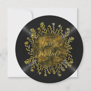 Invitation Disque vinyle noir floral or fête d'anniversaire D