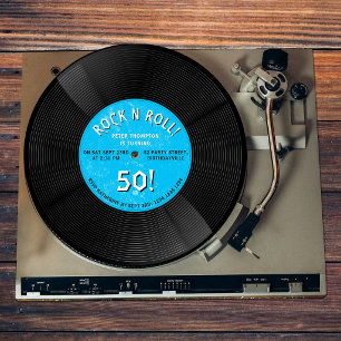 Invitation Disque Vinyle Rétro Rock N Roll Bleu Anniversaire