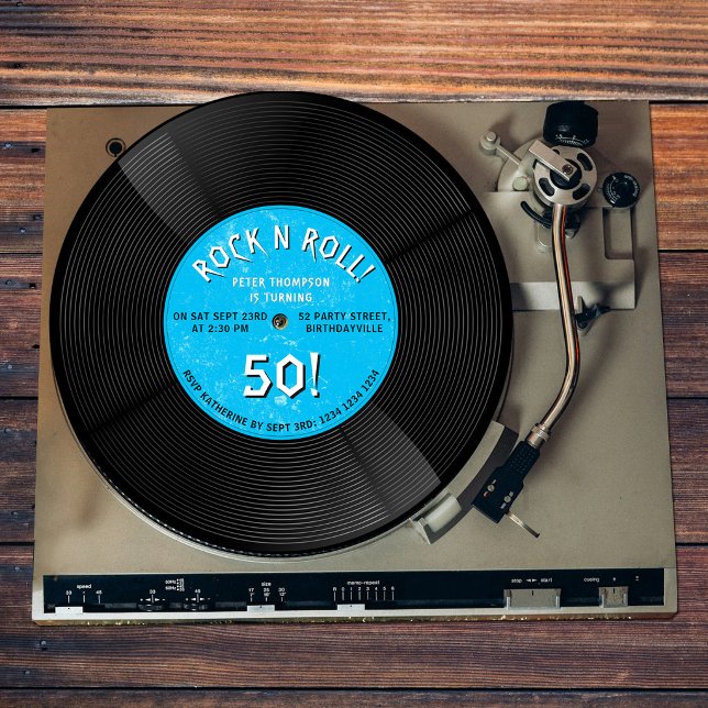 Invitation Disque Vinyle Rétro Rock N Roll Bleu Anniversaire (Retro Vinyl Record Rock N Roll Blue Birthday Invitation)