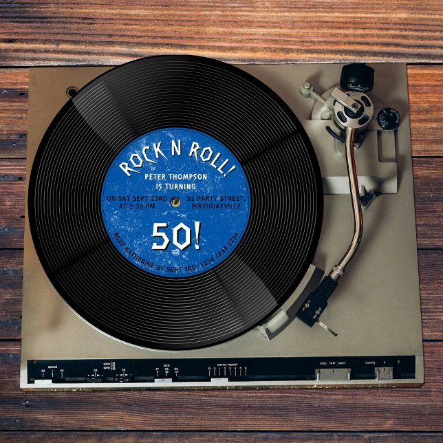 Invitation Disque Vinyle Rétro Rock N Roll Bleu Anniversaire (Retro Vinyl Record Rock N Roll Blue Birthday Invitation)