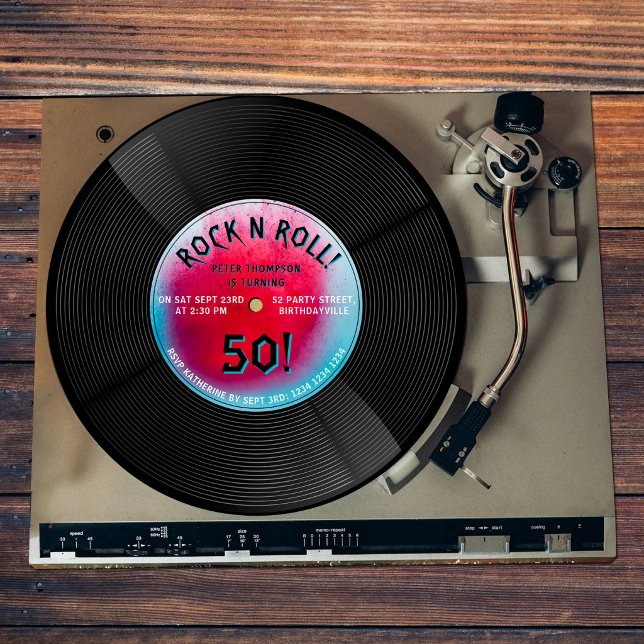 Invitation Disque Vinyle Rétro Rock N Roll Bleu Rouge Anniver (Retro Vinyl Record Rock N Roll Blue Red Birthday Invitation)