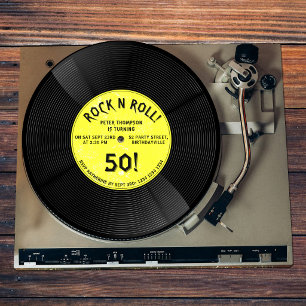 Invitation Disque Vinyle Rétro Rock N Roll Jaune Anniversaire