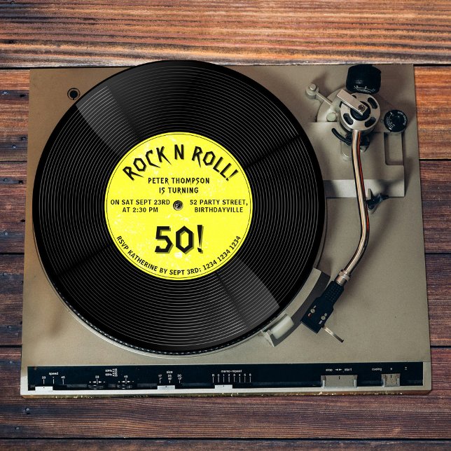 Invitation Disque Vinyle Rétro Rock N Roll Jaune Anniversaire (Retro Vinyl Record Rock N Roll Yellow Birthday Invitation)