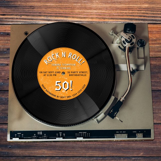 Invitation Disque Vinyle Rétro Rock N Roll Orange Anniversair (Retro Vinyl Record Rock N Roll Orange Birthday Invitation)