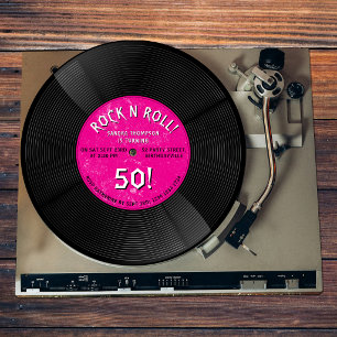 Invitation Disque Vinyle Rétro Rock N Roll Rose Anniversaire