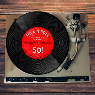 Invitation Disque Vinyle Rétro Rock N Roll Rouge Anniversaire