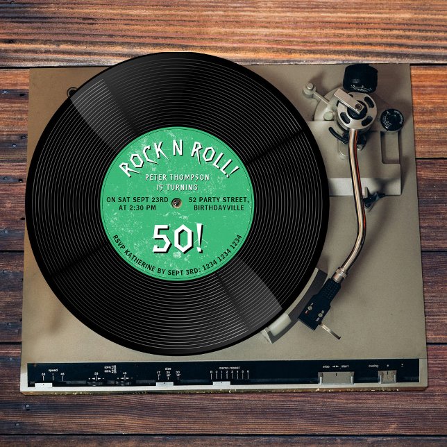 Invitation Disque vinyle rétro Rock N Roll Vert Anniversaire (Retro Vinyl Record Rock N Roll Green Birthday Invitation)