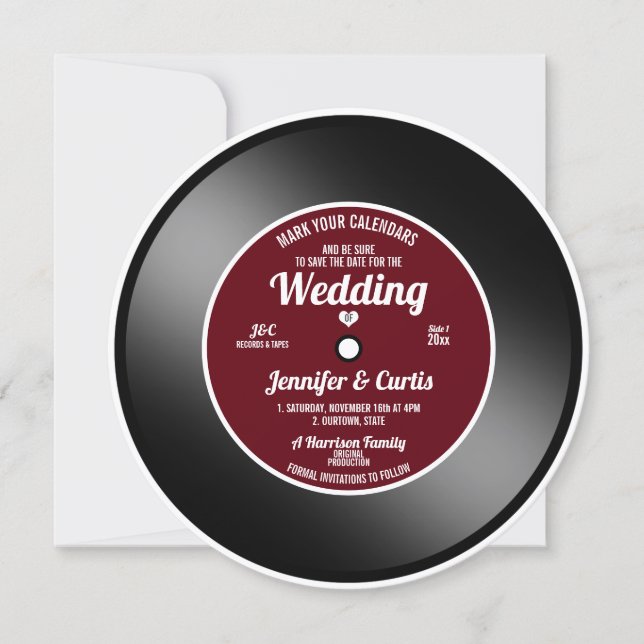 Invitation Disque Vinyle Rétro Rouge Vin Mariage Enregistrer  (Devant)