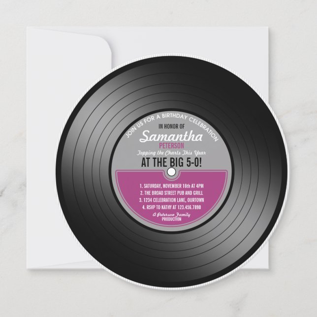 Invitation Disque vinyle rose label pour 50e anniversaire (Devant)