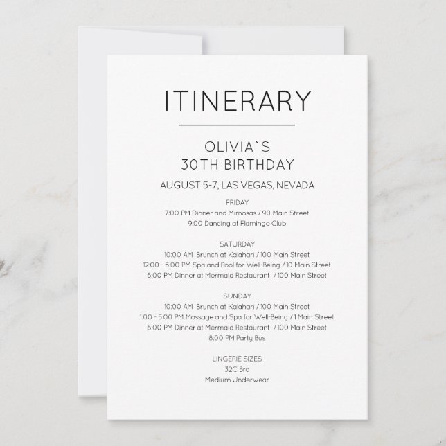 Invitation d'itinéraire d'anniversaire de week-end (Devant)