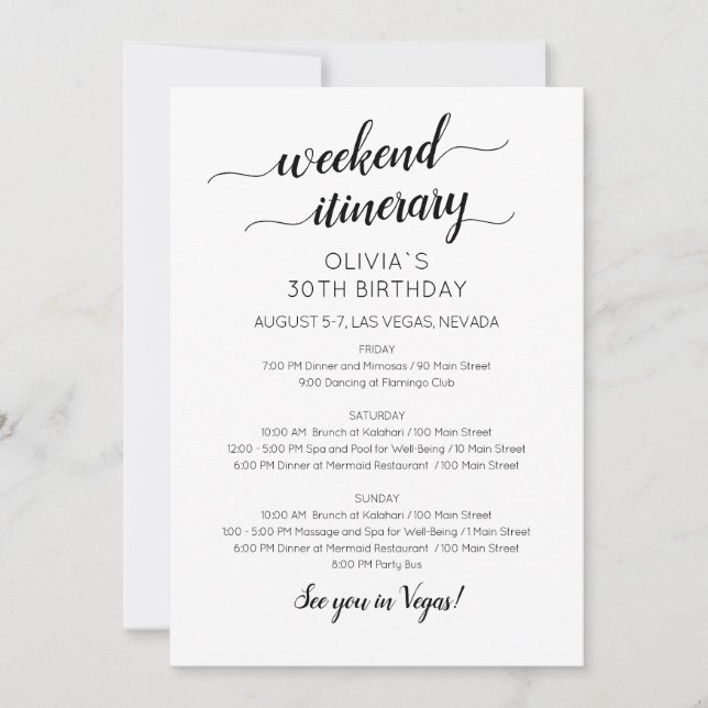 Invitation d'itinéraire d'anniversaire de week-end (Devant)