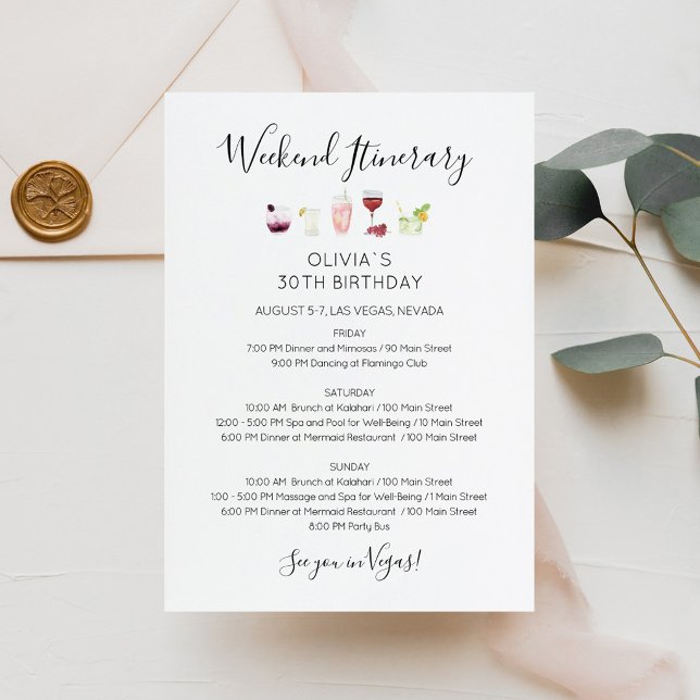 Invitation d'itinéraire d'anniversaire de week-end (Bachelorette Weekend Itinerary Invitation Card)