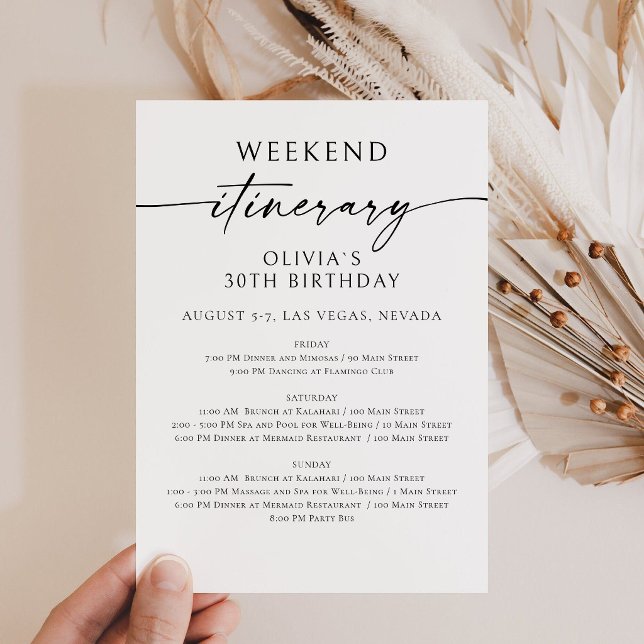 Invitation d'itinéraire d'anniversaire de week-end (Birthday Bridal Shower Weekend Itinerary Card)