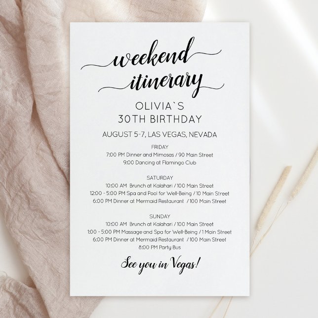 Invitation d'itinéraire d'anniversaire de week-end (Elegant Weekend Birthday Itinerary Invitation)
