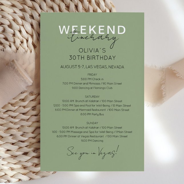 Invitation d'itinéraire d'anniversaire de week-end (Aesthetic Sage Green Birthday Itinerary Invitation Design)