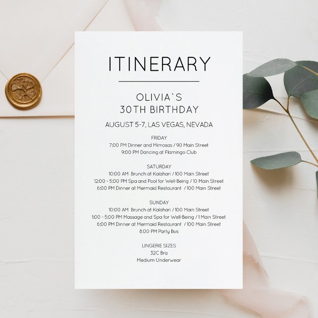 Invitation d'itinéraire d'anniversaire de week-end (Elegant Weekend Birthday Itinerary Invitation)