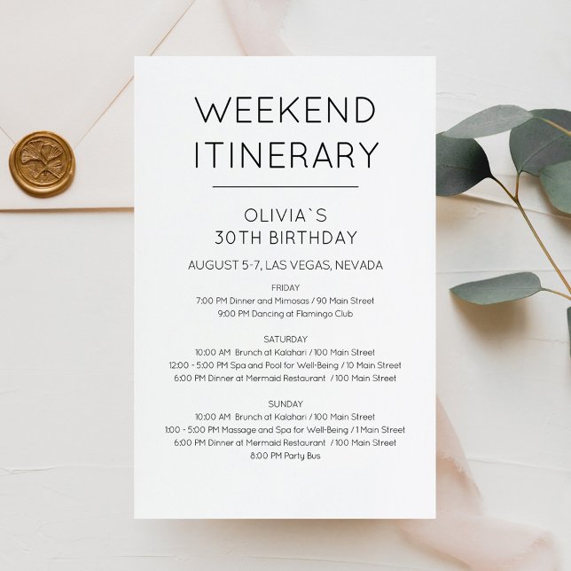 Invitation d'itinéraire d'anniversaire de week-end (Elegant Weekend Birthday Itinerary Invitation)