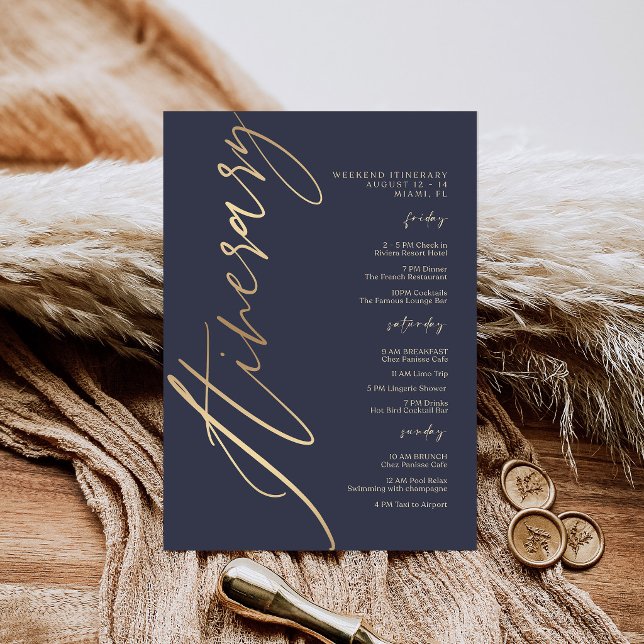 Invitation d'itinéraire de week-end d'anniversaire (Navy Blue Gold Foil Birthday Weekend Itinerary Inv Invitation)