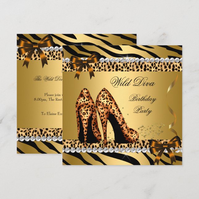 Invitation Diva Sauvage Léopard Zèbre Talons Hauts Anniversai (Devant / Derrière)