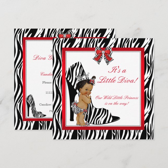 Invitation Diva Zebra Princess Baby shower de fille ethnique (Devant / Derrière)