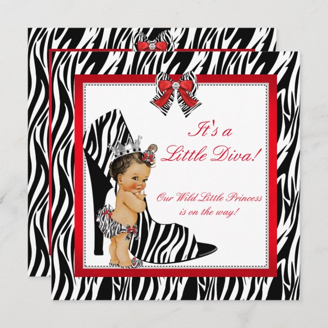 Invitation Diva Zèbre Princesse Fille Baby Shower Brunette (Devant / Derrière)