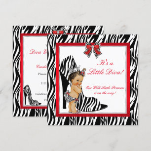 Invitation Diva Zèbre Princesse Fille Baby Shower Brunette