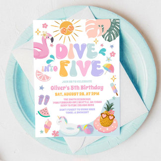 Invitation Dive Into Five Pool Party Summer 5th Birthday
