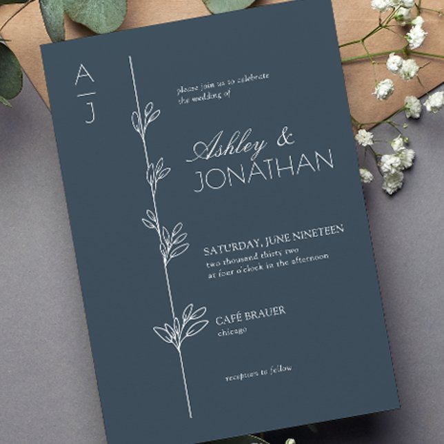 Invitation Divider botanique moderne Mariage bleu marine (Créateur téléchargé)