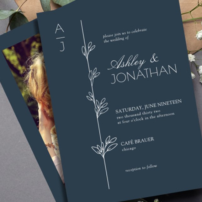 Invitation Divider botanique moderne Mariage Navy Blue Photo (Créateur téléchargé)