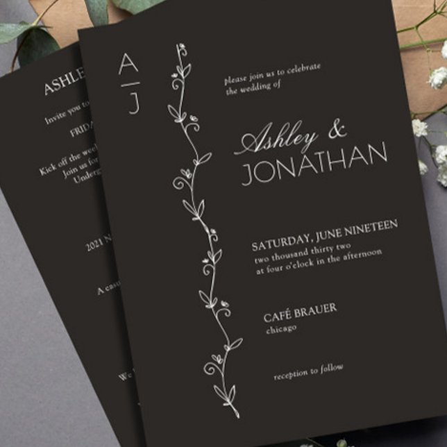 Invitation Divider botanique moderne Mariage noir tout-en-un (Créateur téléchargé)