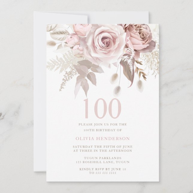 Invitation Divine Blush rose Roses 100e fête d'anniversaire (Devant)