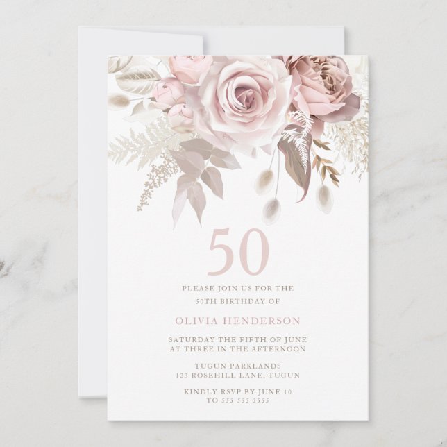 Invitation Divine Blush rose Roses 50e fête d'anniversaire (Devant)