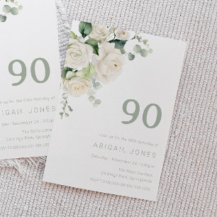 Invitation Divine White Roses & Sage 90e fête d'anniversaire