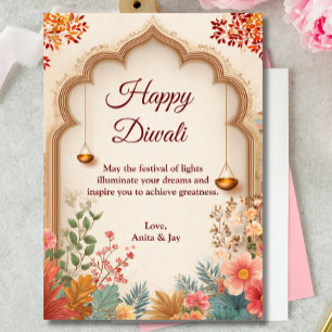 Invitation Diwali Beige Floral Arch Lamp Diyas Salutation