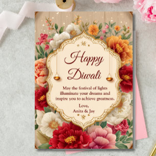 Invitation Diwali Beige Floral Ornate Lamp Diyas Salutation