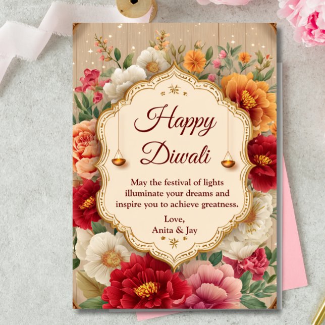 Invitation Diwali Beige Floral Ornate Lamp Diyas Salutation (Créateur téléchargé)