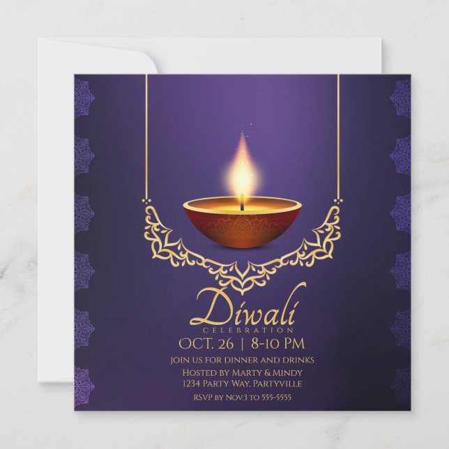 Invitation Diwali Deep Purple Diya Gold Trim (Devant)