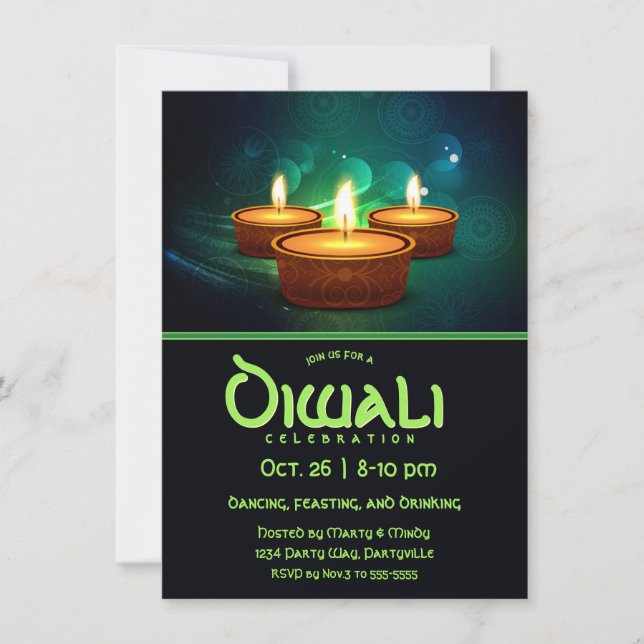 Invitation Diwali Diyas avec bleu et Turquoise (Devant)