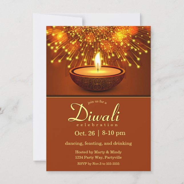 Invitation Diwali Diyas et feux d'artifice (Devant)