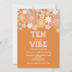 Invitation Dix est une ambiance Groovy Floral Rétro 10ème ann