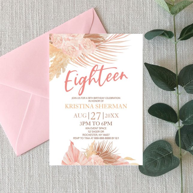 Invitation Dix-huit Boho rose florale 18e fête d'anniversaire (Créateur téléchargé)