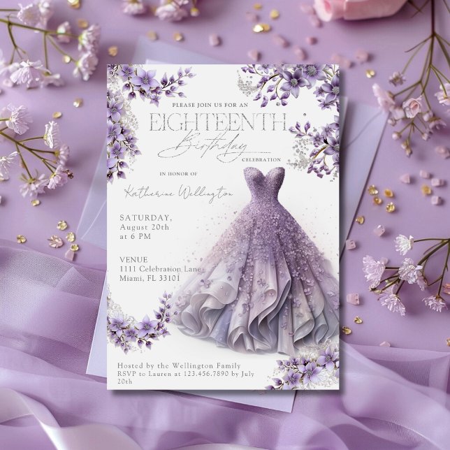 Invitation Dix-huitième 18 Anniversaire Robe Lilac Violet Flo (Créateur téléchargé)