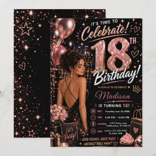 Invitation Dix-huitième anniversaire glamour rose noir